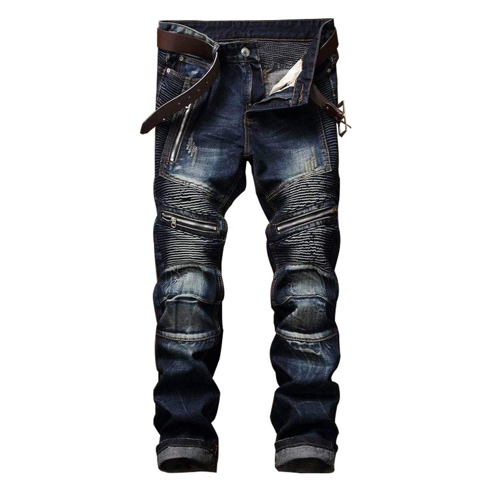 Aititia Mens Biker Zipper Deco Washed Straight Fit Jeans (40W X 32L, Dark Blue)