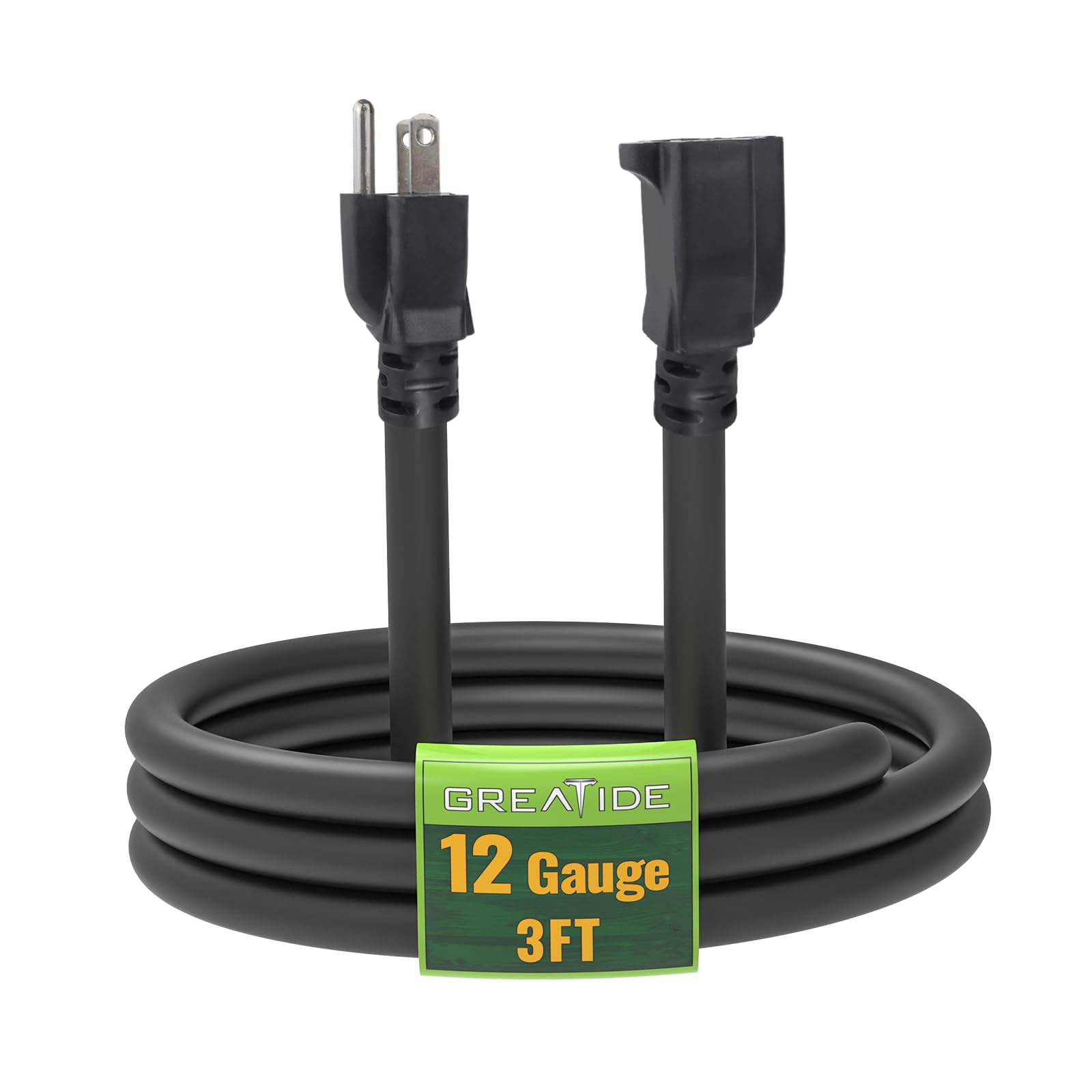Greatide 3 Ft Extension Cord   12/3 Sjtw Heavy Duty Black Extension Cable With 3 Prong Grounded Plug   Power Cord For Lawn, Gard