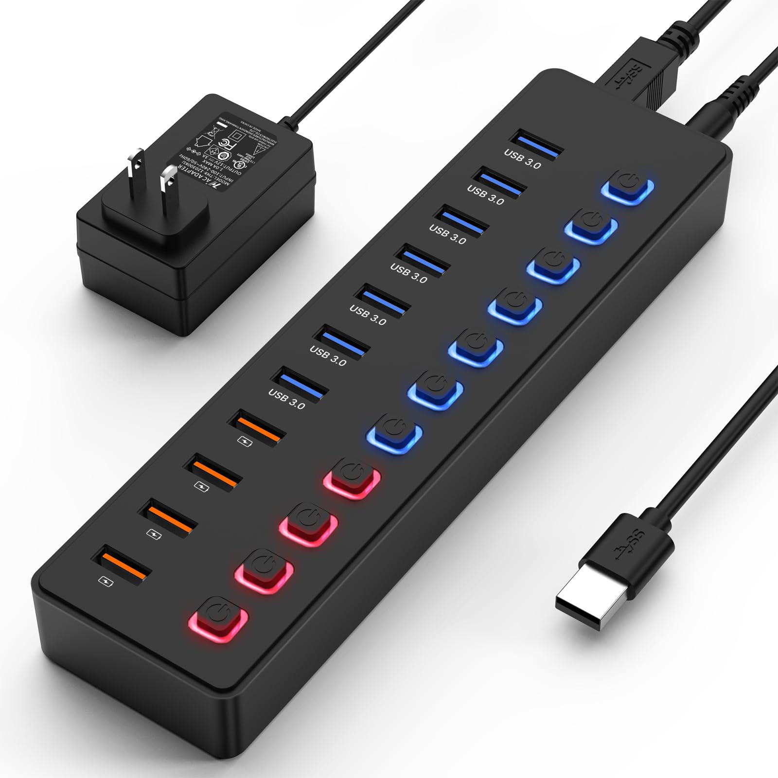 Powered Usb Hub,Usb Hub,11 Port Hub Splitter (7 Usb 3.0 Data Transfer Ports + 4 Smart Charging Port), Independent Switch (With L