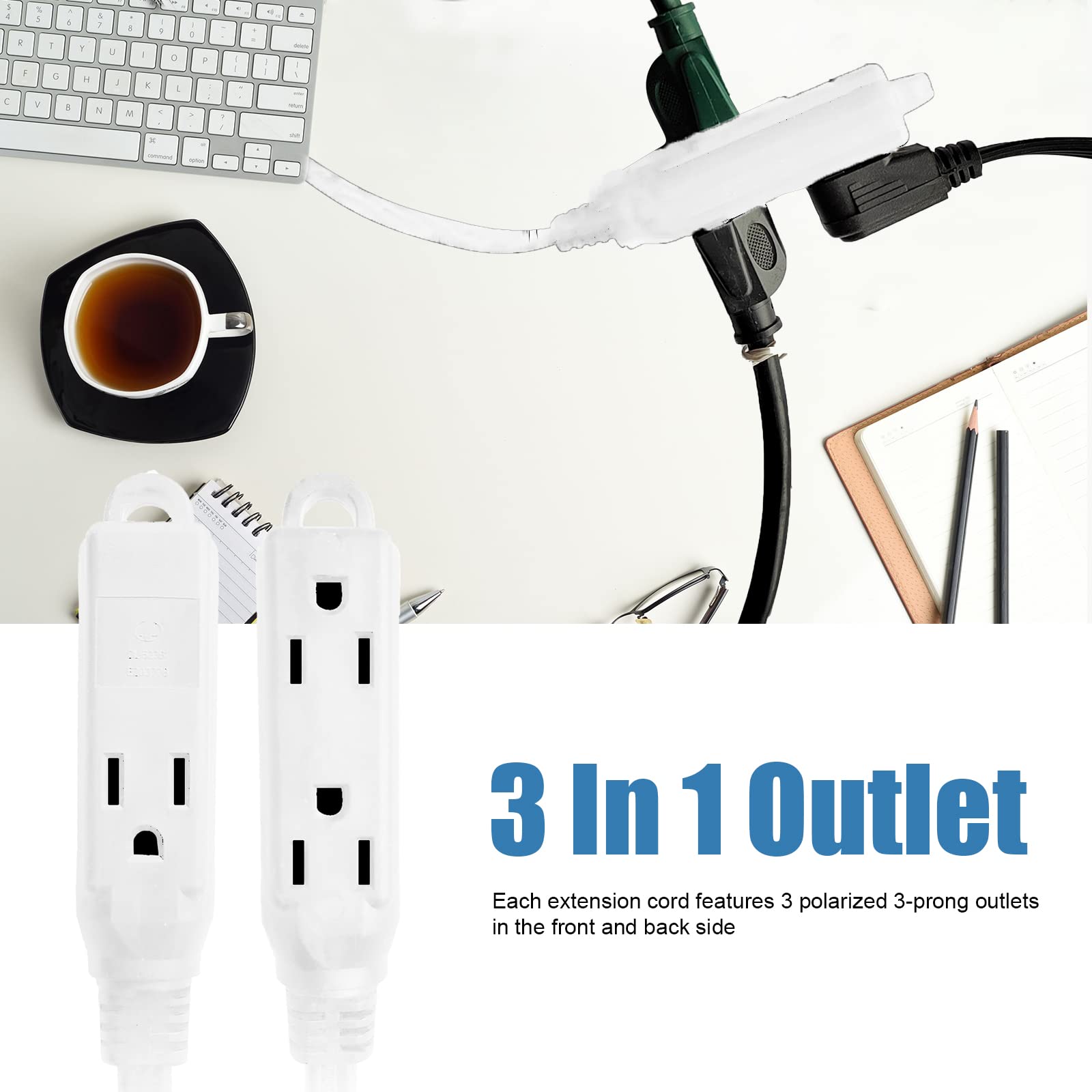 Greatide 3 Ft 3 Outlet Extension Cord With Flat Plug, 3 Prong Grounded, 16/3 Spt 3 Power Cable For Indoor Use, White, 2 Pack