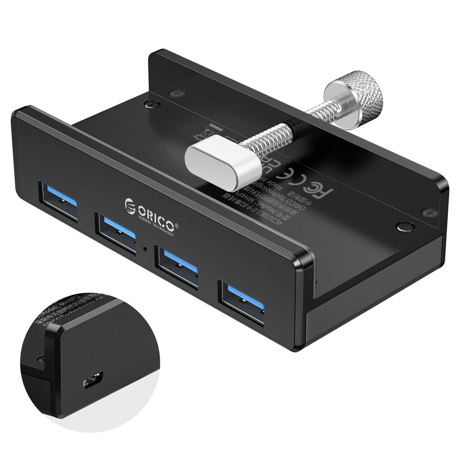 ORICO USB 3.0 Hub, USB Hub Clamp, Aluminum 4 Port USB Splitter with Extra Power Supply Port and 4.92 FT USB Data Cable, Desktop Powered USB Hub for Monitors/Desks Black (Without Power Adapter)