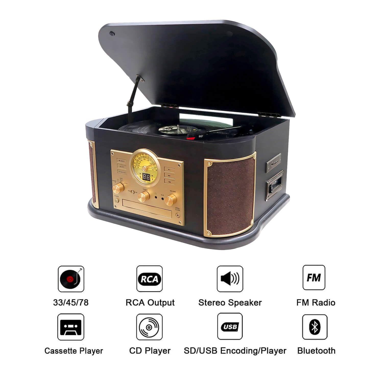 DLITIME All-in-One Vintage Vinyl Record Player, Bluetooth, CD, Cassette, AM/FM Radio, USB/SD Recorder, Espresso Finish, 3-Speed Turntable