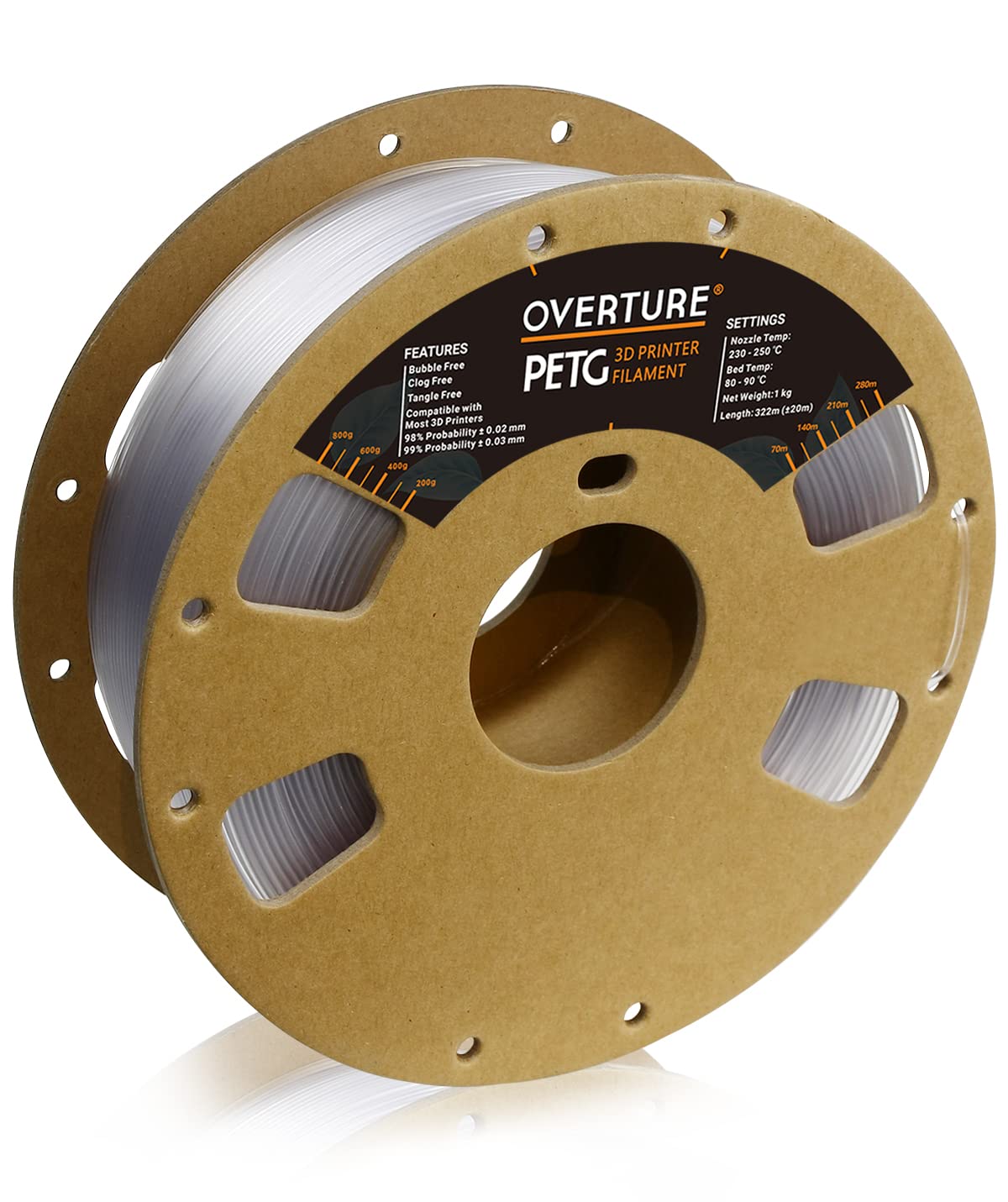 Overture Transparent Filament Clear Petg Filament 1.75Mm, Petg Transparent 3D Printer Consumables, 1Kg Filament (2.2Lbs), Dimens