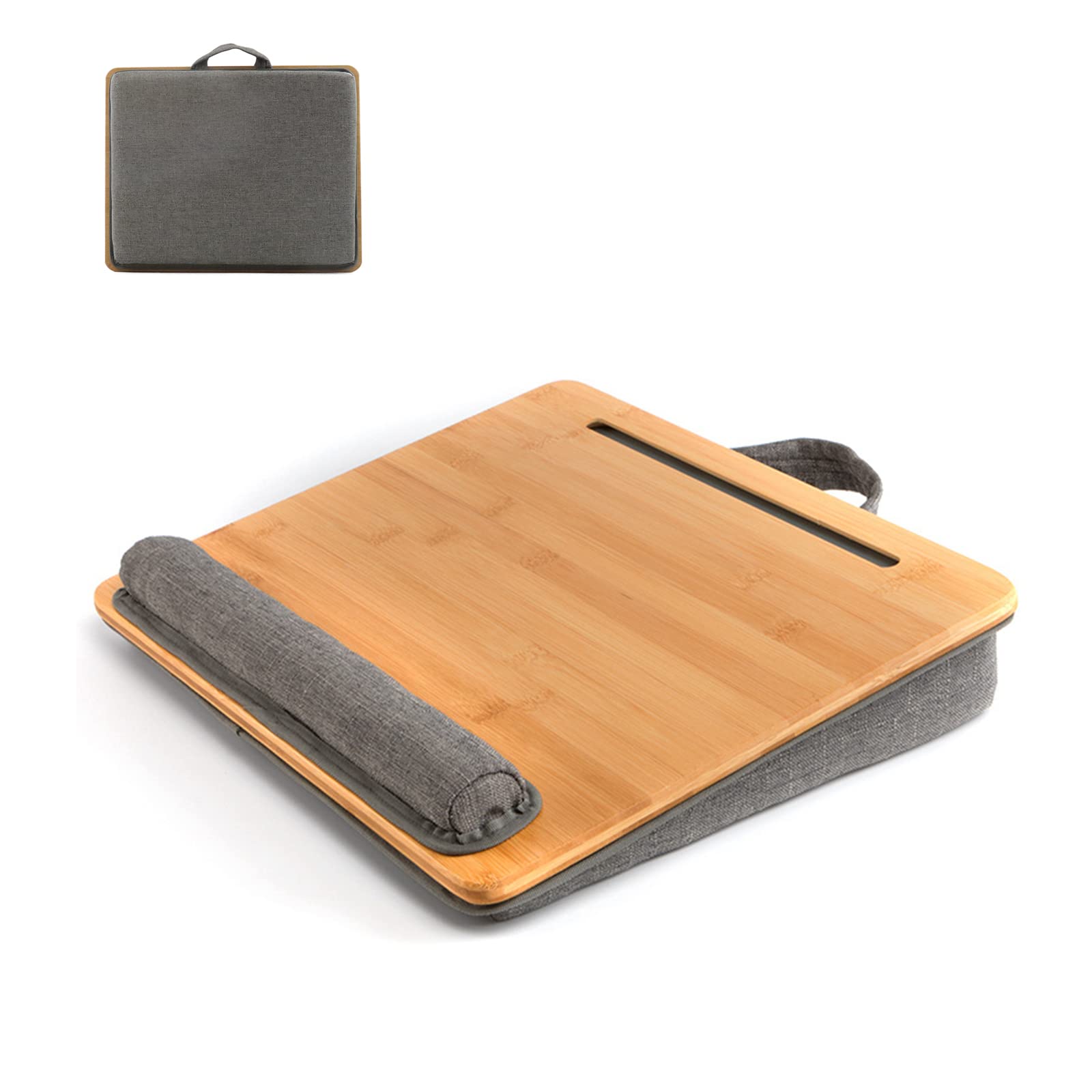 Sumisky Lap Desk Portable Laptop Stand With Cushion, Bamboo Platform With Phone Holder, Wrist Pad Fits Up To 15.6 Inch Laptops
