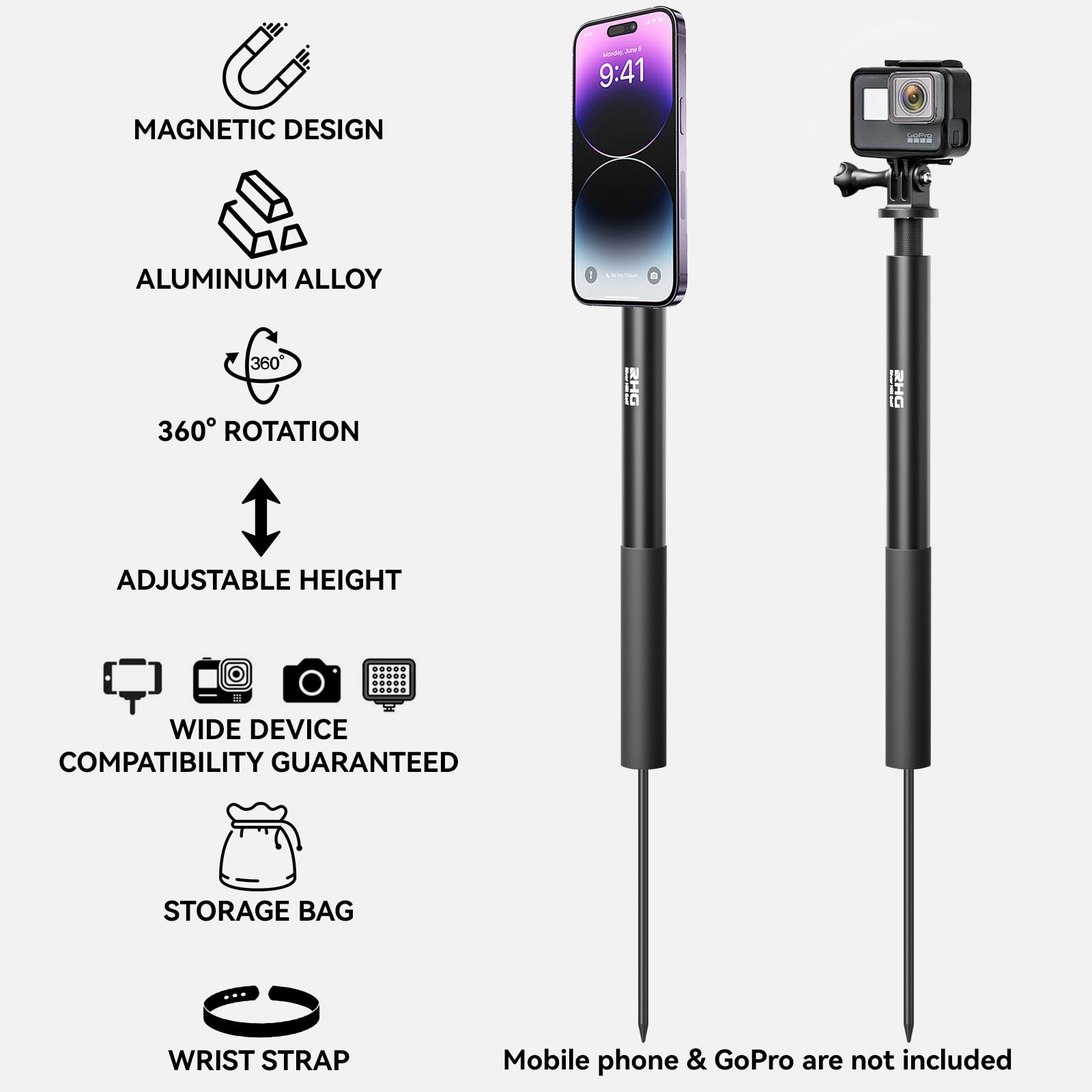 Golf Monopod Stick, Golf Swing Phone Holder, 46'' Magnetic Aluminum Alloy Selfie Stick W/Spike Stake Mount, Compatible W/Iphone