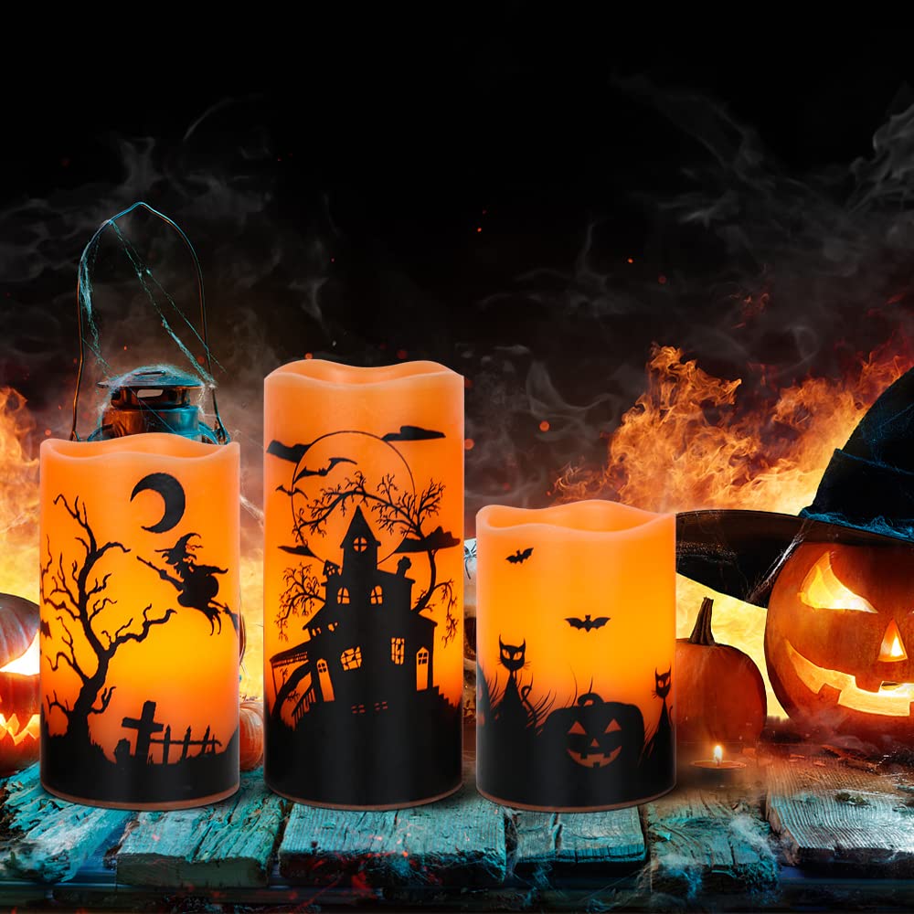 Lasumora Halloween Flameless Candles With 6 Hour Timer, Battery Operated Orange Led Pillar Candles Flickering Real Wax, Witch, B