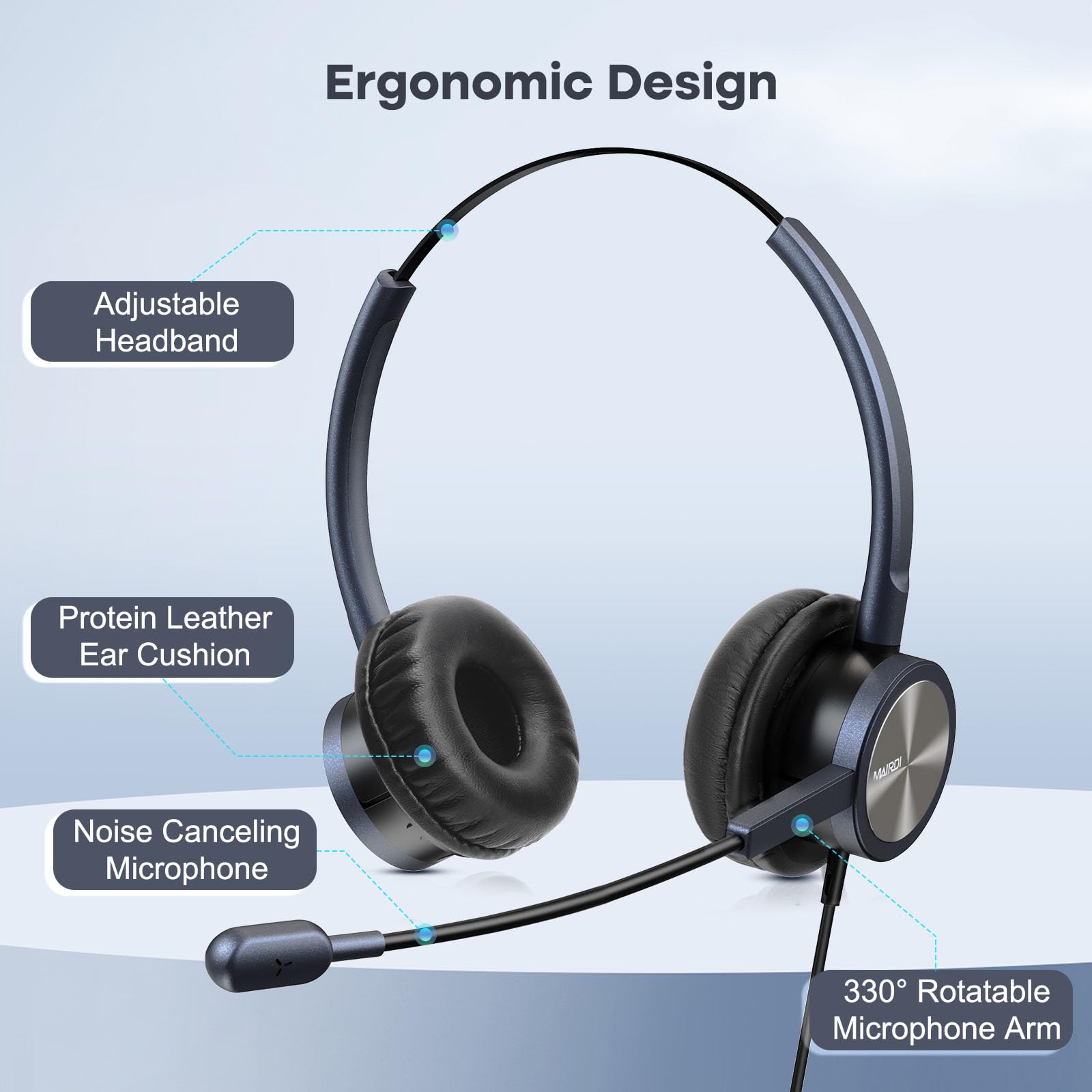 Mairdi Telephone Headset With Microphone Noise Canceling, Binaural With Rj9 Jack & 3.5Mm Connector For Office Call Center Deskph