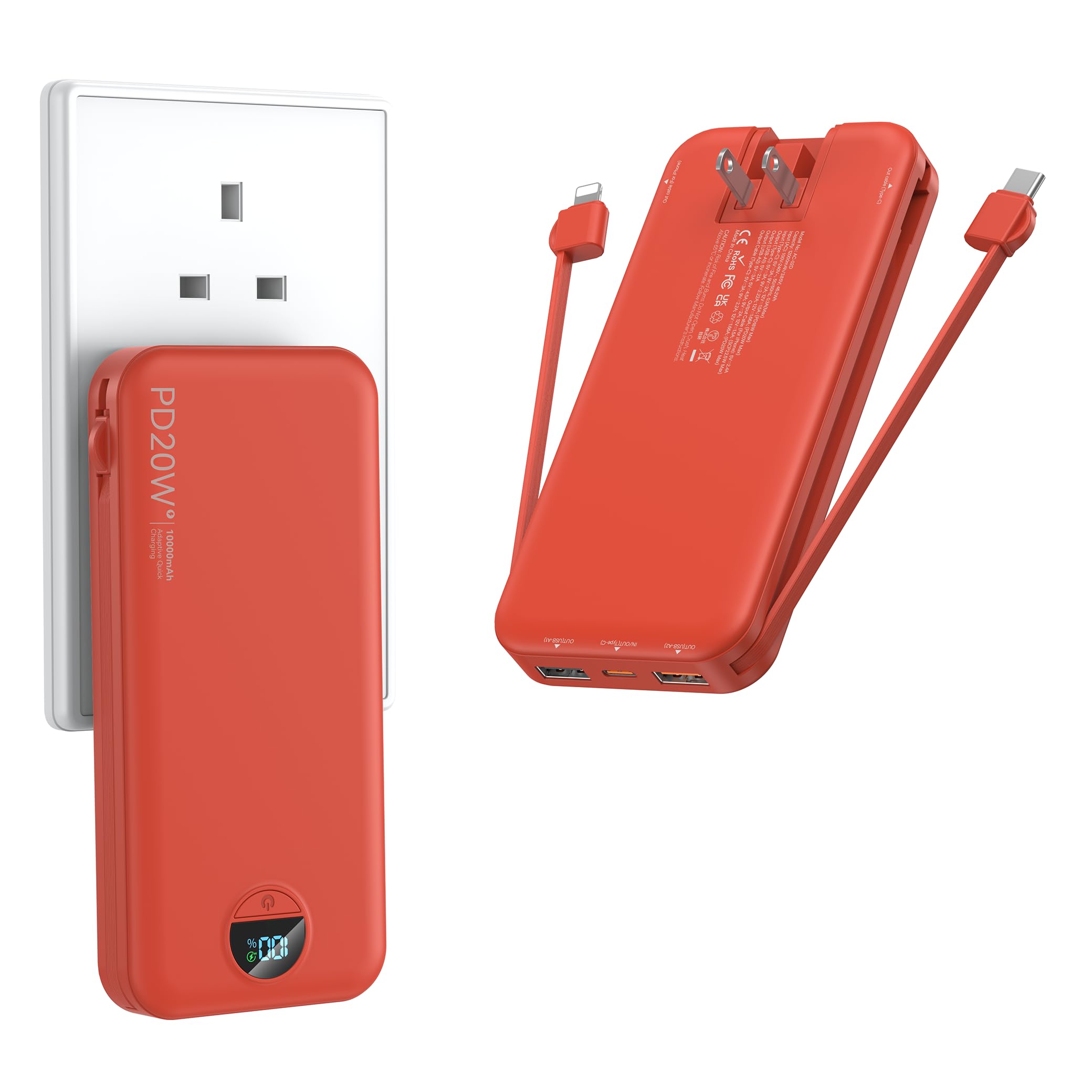 Ffnpua Portable Charger Power Bank 10000mAh PD20W w/Builtin Cables