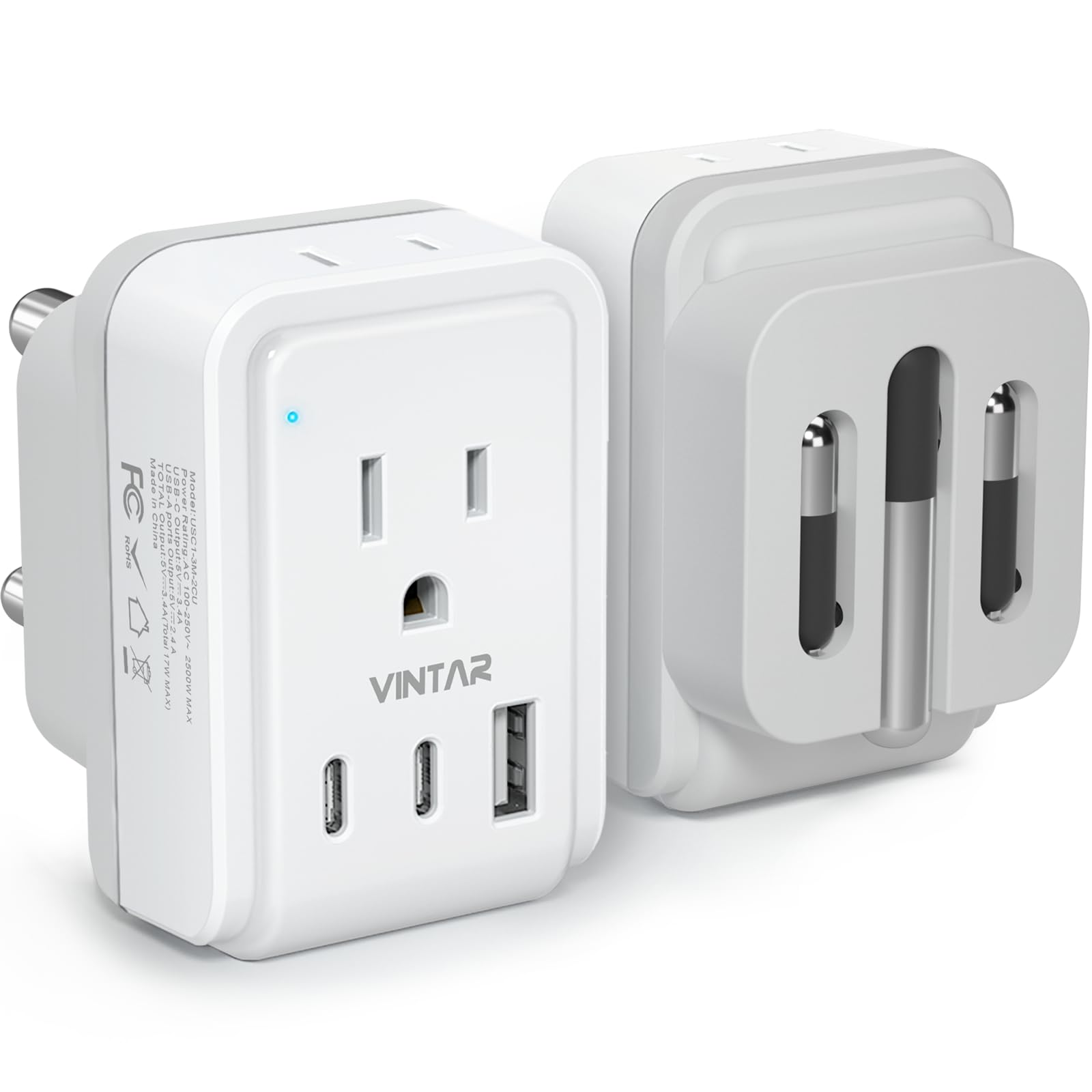 1 Pack South Africa Plug Adapter, Vintar Foldable Type M Adapter For South Africa With 2 Ac Outlets 3 Usb Ports(2 Usb C), Africa