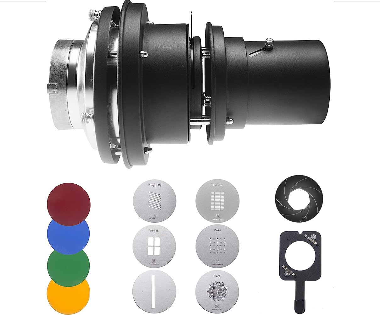 Wellmaking Bowens Mount Optical Snoot Conical, Flash Projector Attachment, Spotlight Snoot Photography Video Artist Modelling Shape Light Studio With Optical Lens Various Gobos Photography Accessories