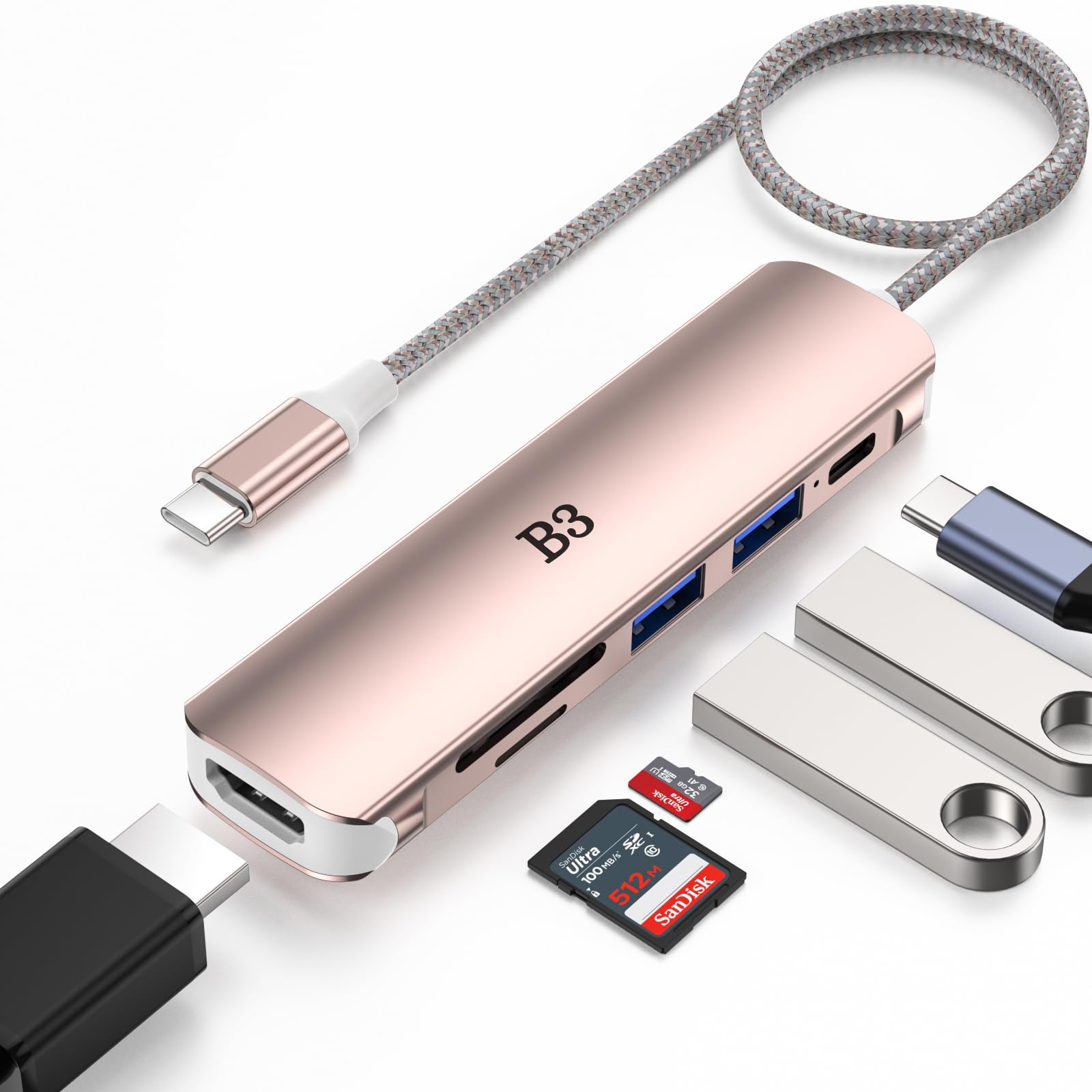 Usb C Hub Hdmi Adapter For Macbook Air Pro, 6 In 1 4K Dongle Multiport Converter With 50Cm Cable, Usb 3.0 5Gbps Data Transfer, 5