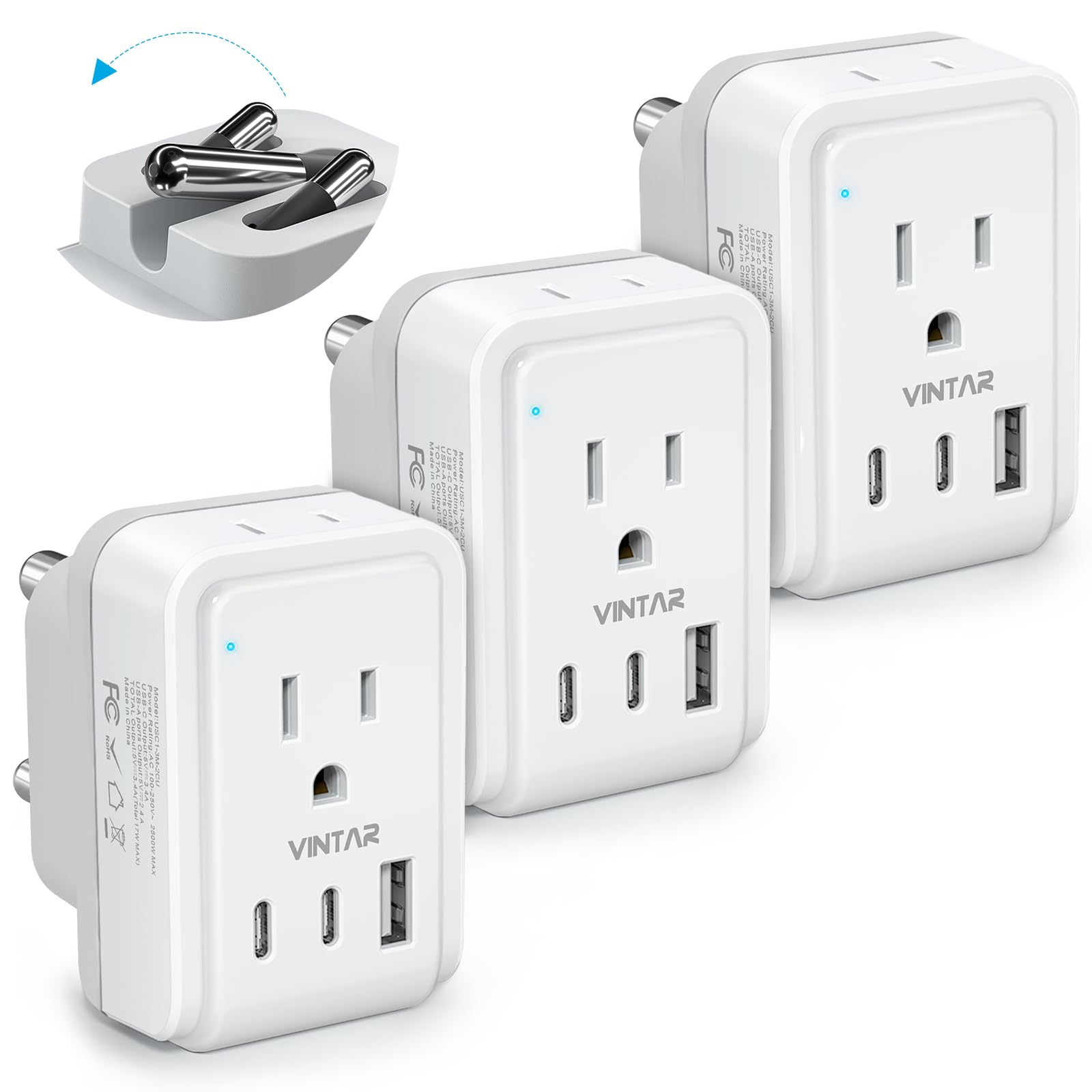 3 Pack South Africa Plug Adapter, Vintar Foldable Type M Adapter For South Africa With 2 Ac Outlets 3 Usb Ports(2 Usb C), Africa