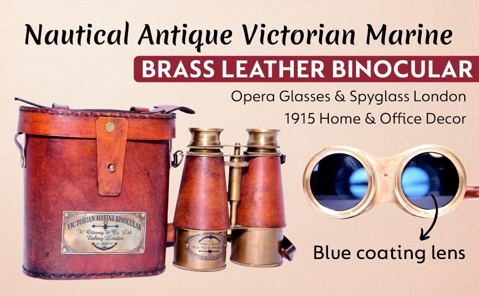 Nautical Antique Victorian Marine Brass Leather Binocular Opera Glasses & Spyglass London 1915 Home & Office Decor (Orange)   Na