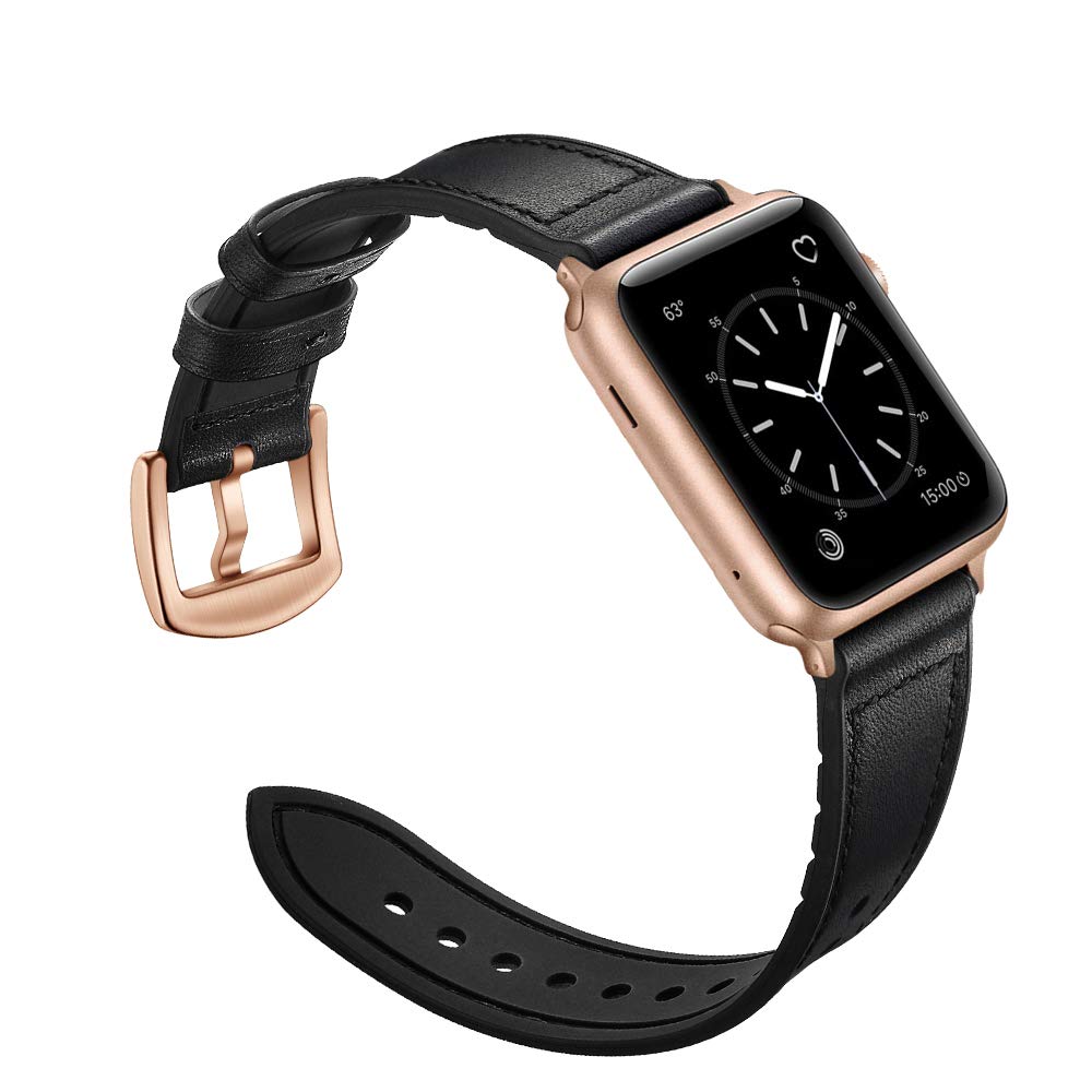 Ouheng Compatible With Apple Watch Band 41Mm 40Mm 38Mm, Sweatproof Genuine Leather And Rubber Hybrid Band Strap Compatible With
