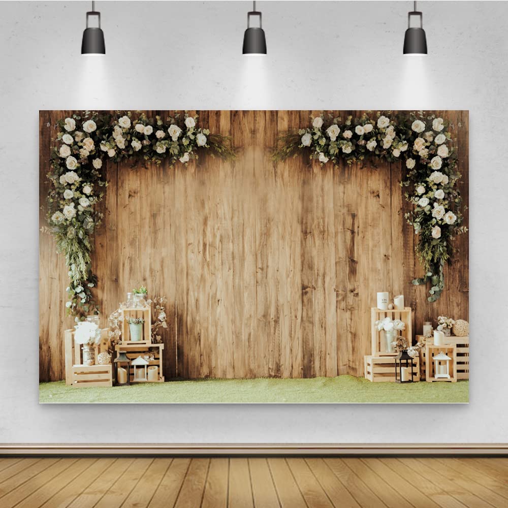 Dashan 8X6Ft Polyester Wedding Backdrop Rustic Floral Flower Wood Wall Backdrop Bridal Shower Reception Ceremony Valentine'S Day