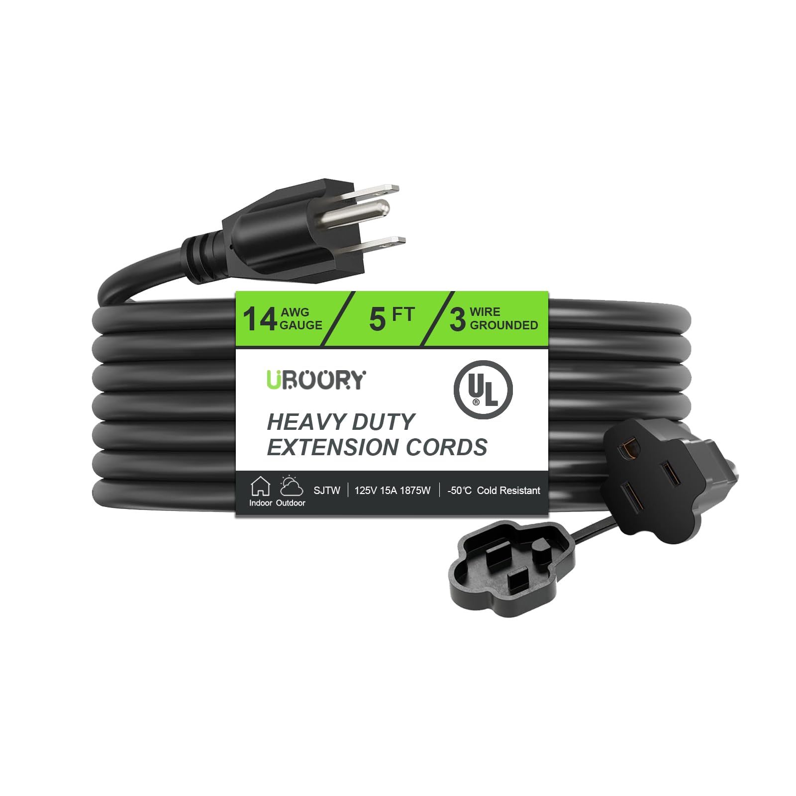 Uboory Outdoor Extension Cord Waterproof 5 Ft, Black 14/3 Sjtw Heavy Duty, Flexible 100% Copper 3 Prong Extension Cord For Lawn,