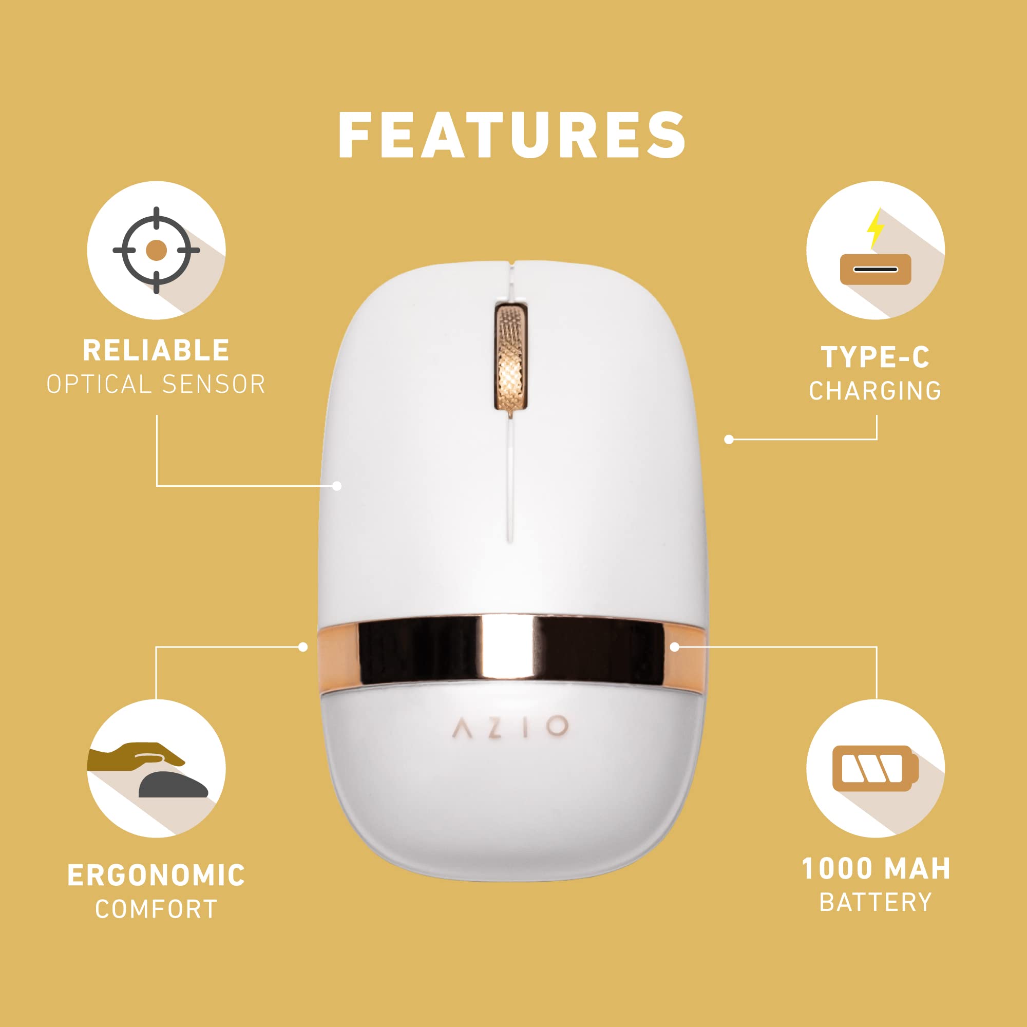 Azio Izo Wireless Optical Mouse   Bluetooth 3.0 & 5.0/2.4G Rf Usb, Ambidextrous Design, Pixart Paw3212 Sensor, 1000/1600/2400 Dpi, Rechargeable, White & Gold   Pc & Mac, White Blossom (Im103)