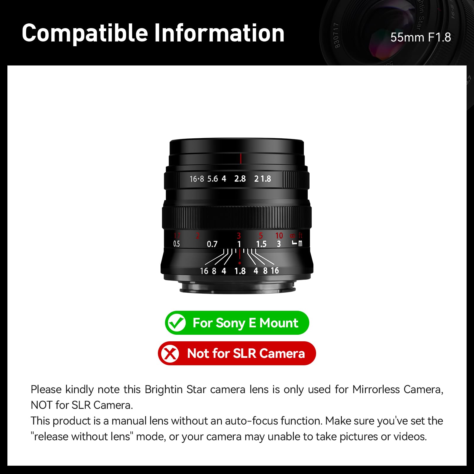 Brightin Star 55Mm F1.8 Full Frame Manual Focus For Sony E Mount Mirrorless Cameras, Large Aperture Standard Fixed Lens, Fit For