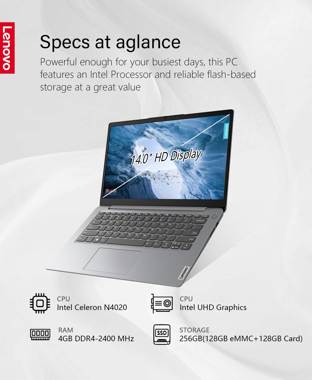 Lenovo Ideapad 1 14 Laptop, 14.0'' Hd(1366 X 768) Screen, Intel Celeron N4020, 4Gb Ram, 256Gb Storage(128Gb Emmc+128Gb Card), In