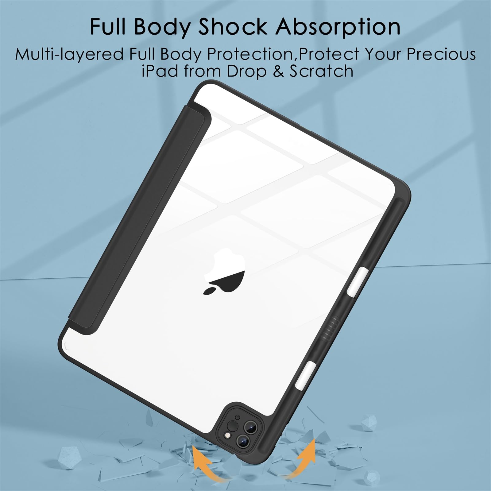 Soke Case For Ipad Pro 12.9 Inch (6Th/5Th/4Th/3Rd Generation, 2022/2021/2020/2018)   Pencil Holder + Auto Sleep/Wake + Camera Protection, Transparent Shockproof Back Cover,Black