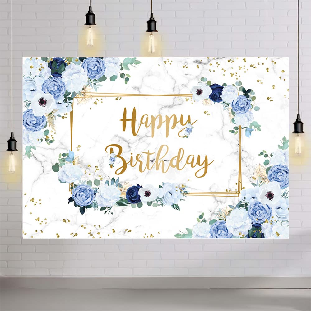 Mehofond 7X5Ft Happy Birthday Backdrop Blue And White Flowers Bday Photography Background Girls Geometric Gold Glitter Dots Birt