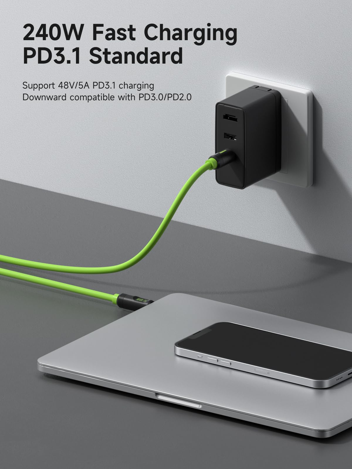 Hagibis Usb 4 Cable, Led Display Usb C 240W Fast Charging Cable With 8K@60Hz 40Gbps Data Transfer Thunderbolt 4/3 Video Cord For Iphone 16 15 Pro Max, Ipad, Macbook Pro Air (Braided, Green, 3.3Ft)