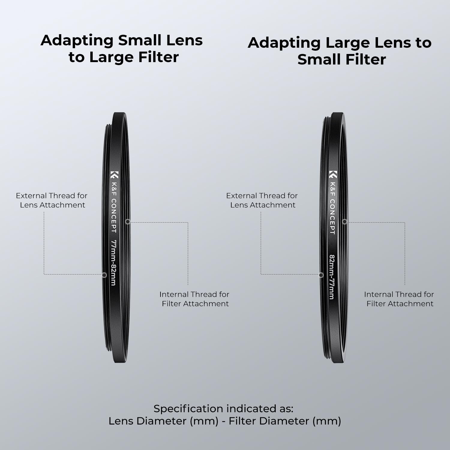 K&F Concept 18pcs Filter Ring Adapter Set - Black Metal Stepping Rings Kit, Includes 9 Step Up & 9 Step Down Rings for Camera Lens