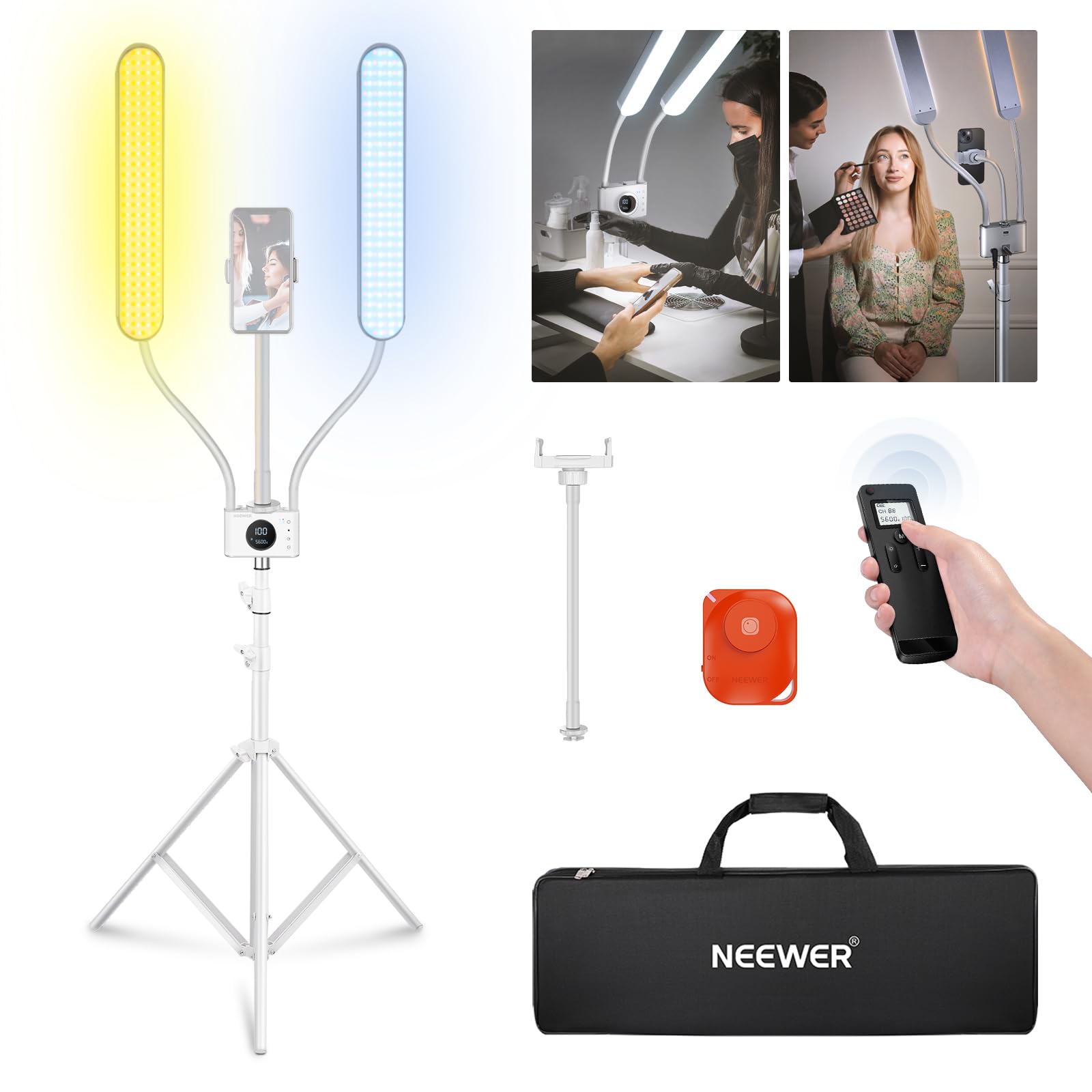 Neewer Esthetician Light With Phone Holder & Travel Bag Kit, Support 2.4G/Pc/Mac Control & Separate Control Of 2 Led Light Heads