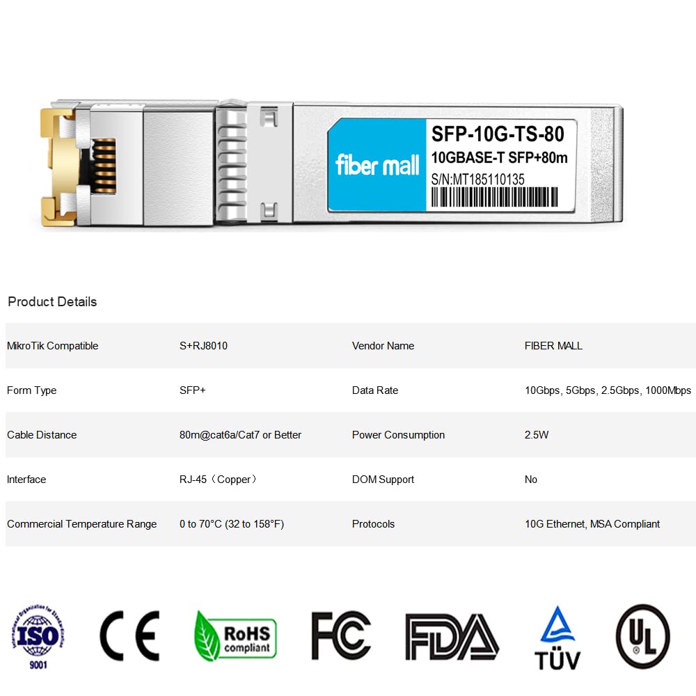 10G Sfp+ Rj45 80M For Compatible Mikrotik S+Rj8010 10Gbase T Sfp+ Rj45 80M Cat6A/7 Mini Gbic 10Gb Copper R J45 Transceiver Modul
