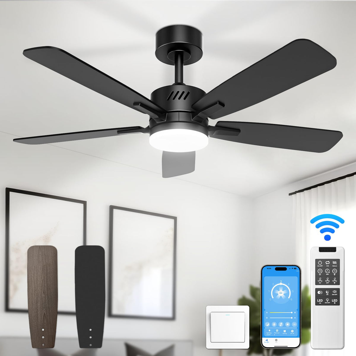 Jofios Ceiling Fans With Lights,52 Inch Ceiling Fan With Light And Remote/App Control,Noiseless,3Cct,Dimmable,6 Speeds,Revisible
