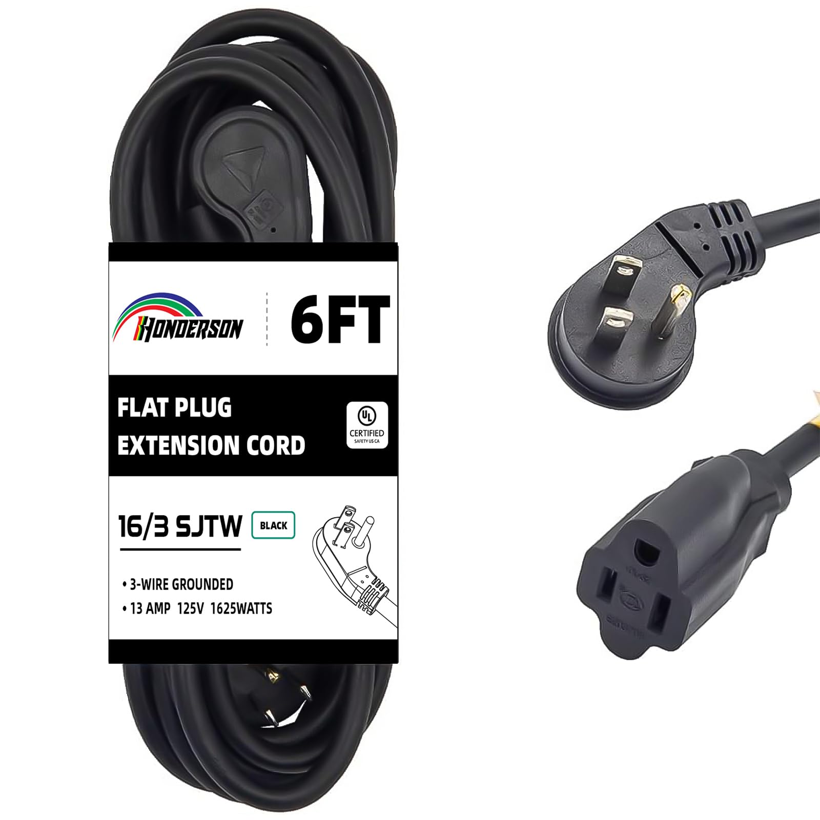 Honderson Flat Plug Indoor Extension Cord, Ul Listed, 16 Gauge 6Ft Black 3 Prong Heavy Duty Extension Cord, 16/3 Sjtw 13A Power