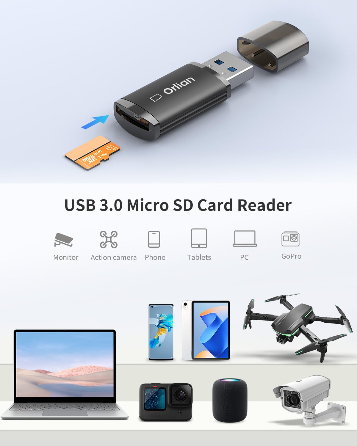 Orlian Usb 3.0 Micro Sd Card Reader, For Microsd, Microsdhc, Microsdxc Uhs I Memory Card, Compatible With Windows, Mac Macbook P