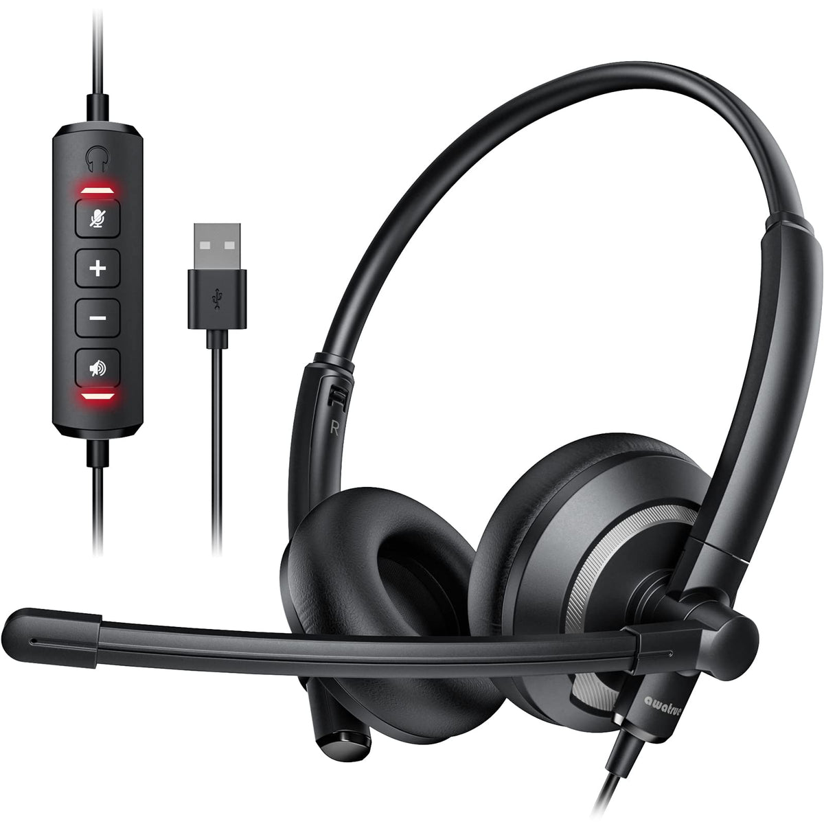 Awatrue Eh05 U Wired Usb Headset With Noise Cancelling Microphone For Pc Laptop   Headphones With In Line Control, Lightweight, 