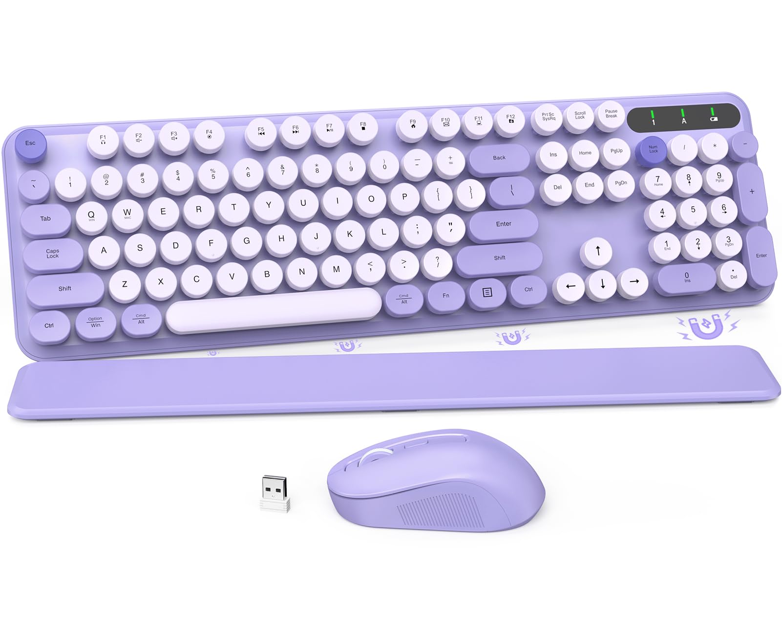 Wireless Keyboard And Mouse Combo, Cute Round Keycaps, Full Size Retro Typewriter Keyboard With Detachable Wrist Rest, 2.4Ghz Co