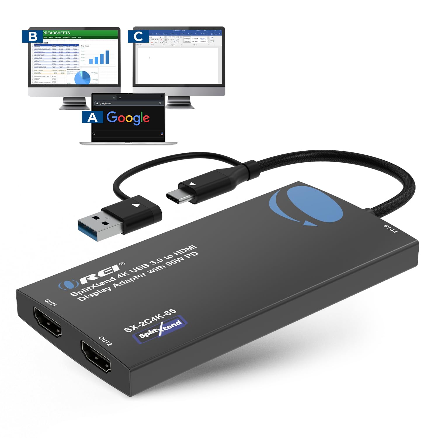 OREI SplitExtend 4K HDMI Splitter Extended Display for Dual Monitor - Multi-Monitor Display 3 Separate Screens - USB A & USB-C A