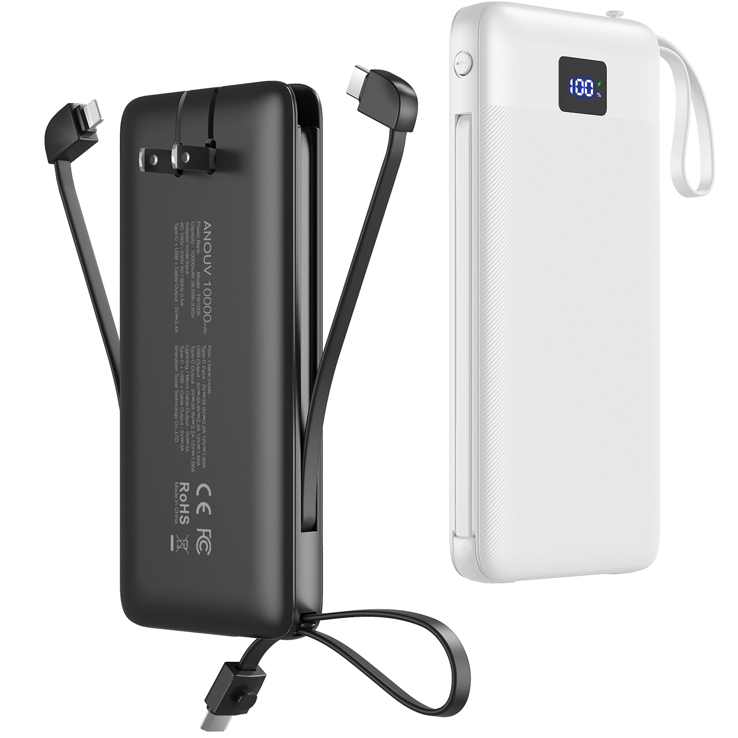 Anouv 2 Pack Portable Charger With Built In Cables&Ac Wall Plug,10000Mah Power Bank,Pd 22.5W Usb C Fast Charging External Batter