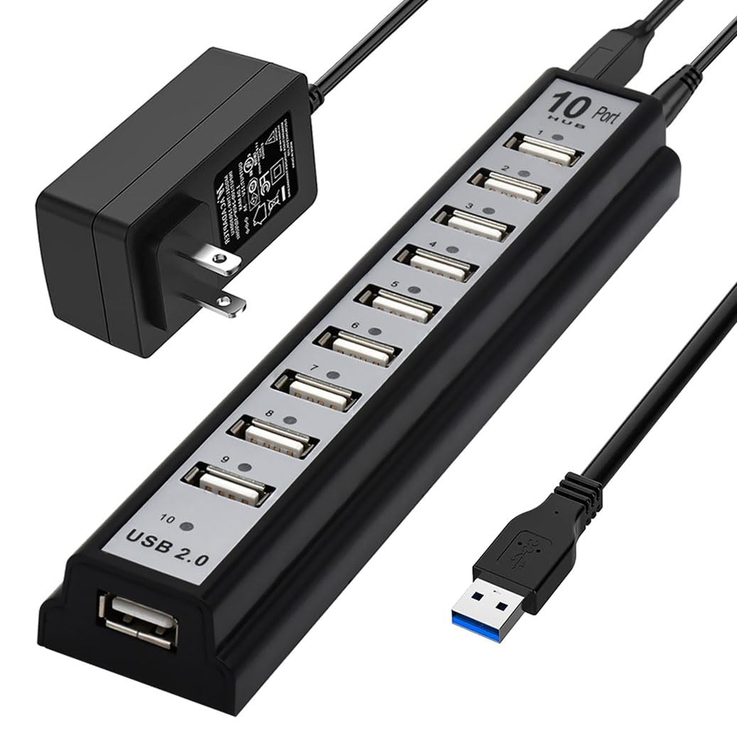 USB Hub 10-Ports, USB Hub Extender Network Splitter Adapter with Powered, for MacBook, PC, Laptop, Mice, Keyboards( Only USB Dat