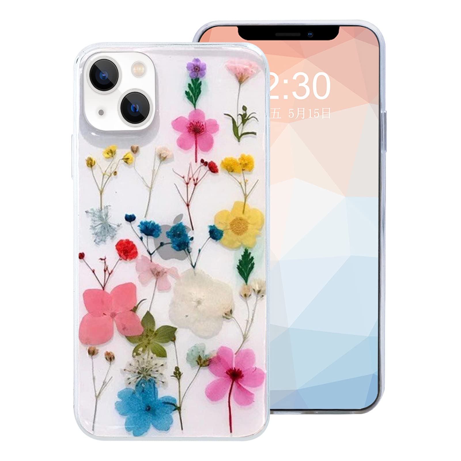 Omorro Compatible with iPhone 15 Flower Girly Case, Girls Floral Design Pressed Dry Real Flowers Slim Cover Case Silicone TPU Ru