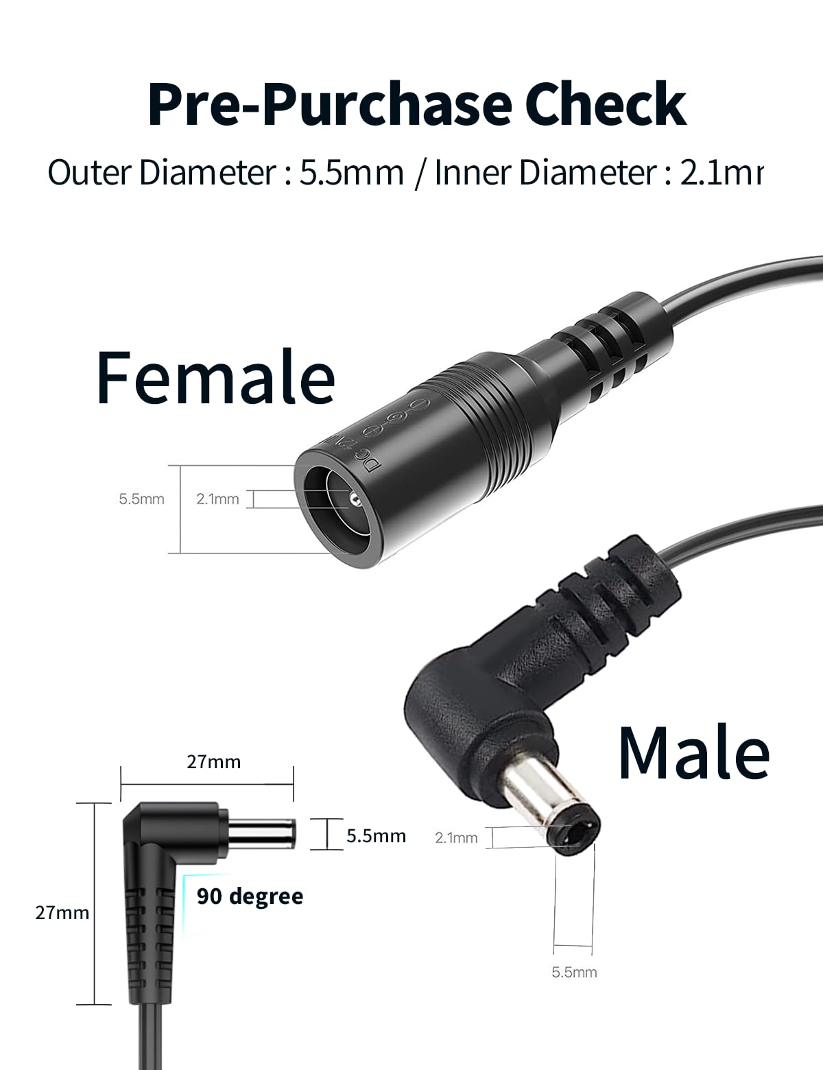 Tonton 2 Pack Dc Power Extension Cable 3M 10Ft 5.5Mm X 2.1Mm 90 Degree Right Angle Female To Dc Male Power Adapter Cord For Cctv