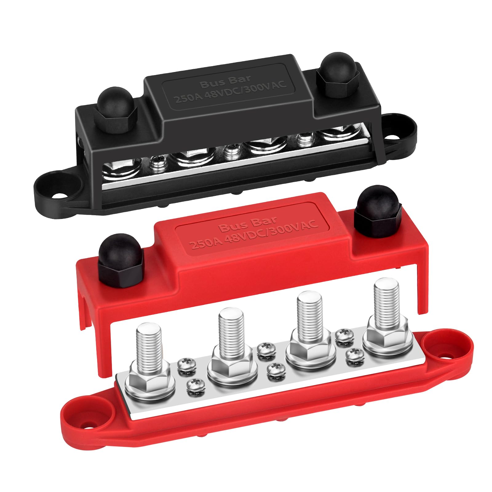 Yetlebox Power Distribution Block 12V 250A Bus Bar 4 X 5/16'' Stud Marine, 6 X #8 Screws Terminals Block (Pair   Red & Black)