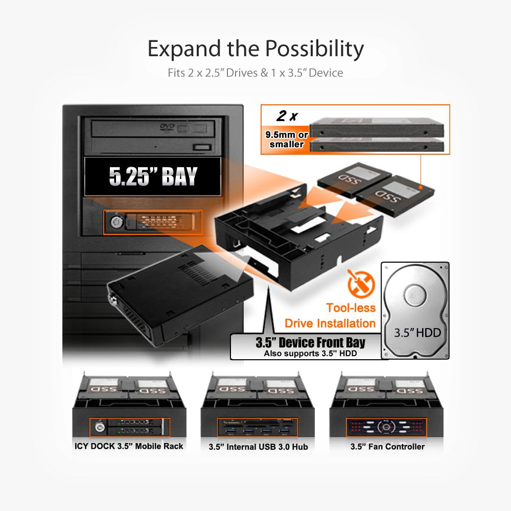 Icy Dock Dual 2.5'' Hdd/Ssd & One 3.5'' Hdd/Device Front Bay To External 5.25'' Bay Ssd Mounting Bracket   Flex Fit Trio Mb343Sp