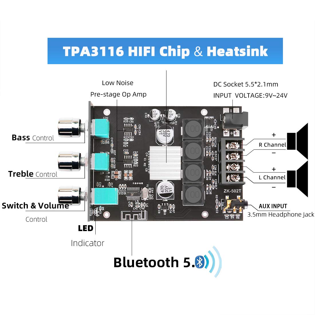 Damgoo Zk 502T Bluetooth Amplifier Board With Treble And Bass Control, Tpa3116D2 50W X 2, Dc:9 24V, Bluetooth 5.0 Amp Board For