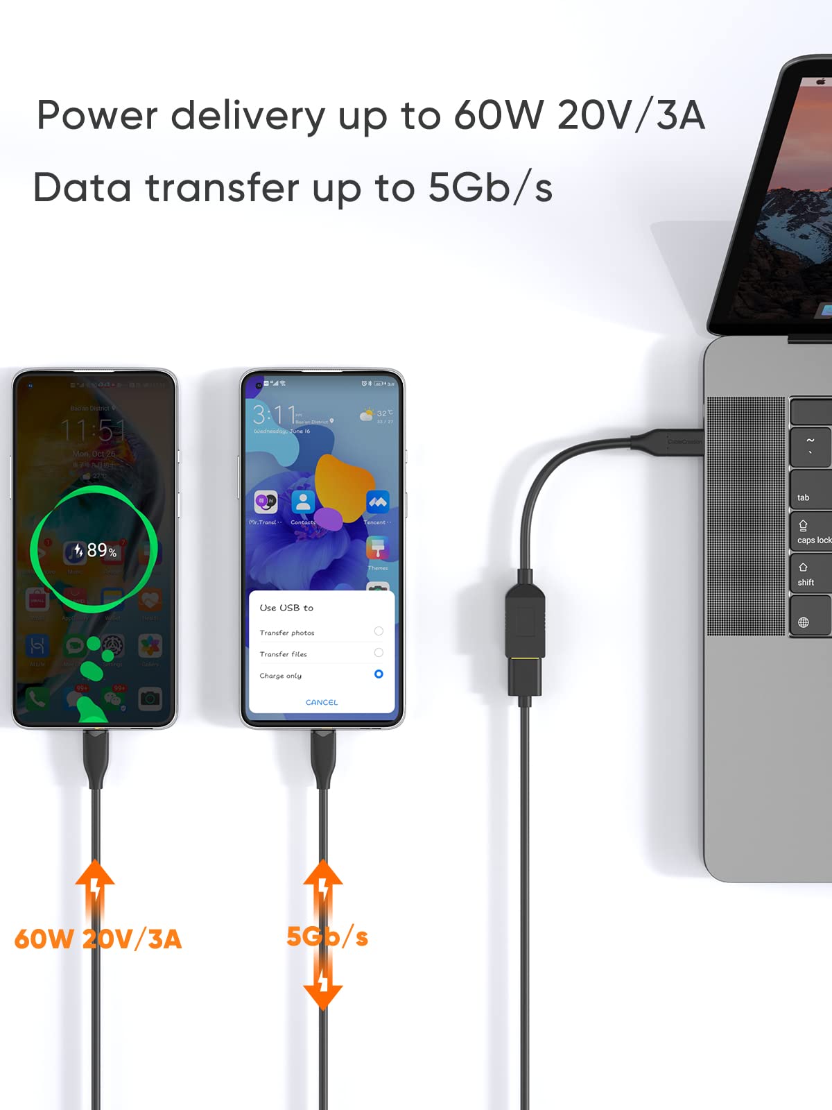 Cablecreation 2-Pack Usb Female To Usb C Adapter 0.5Ft/0.15M, Braided Usb C To Usb A Female Adapter Otg 5Gbps Data, Usb A To C C