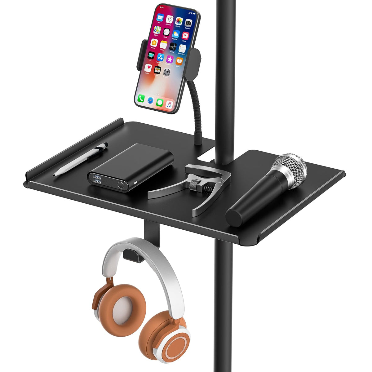 Functional Metal Microphone Stand Tray With Phone Holder   Universal Large Mic Stand Tray Shelf Clamp On Music Stand Tray Attach