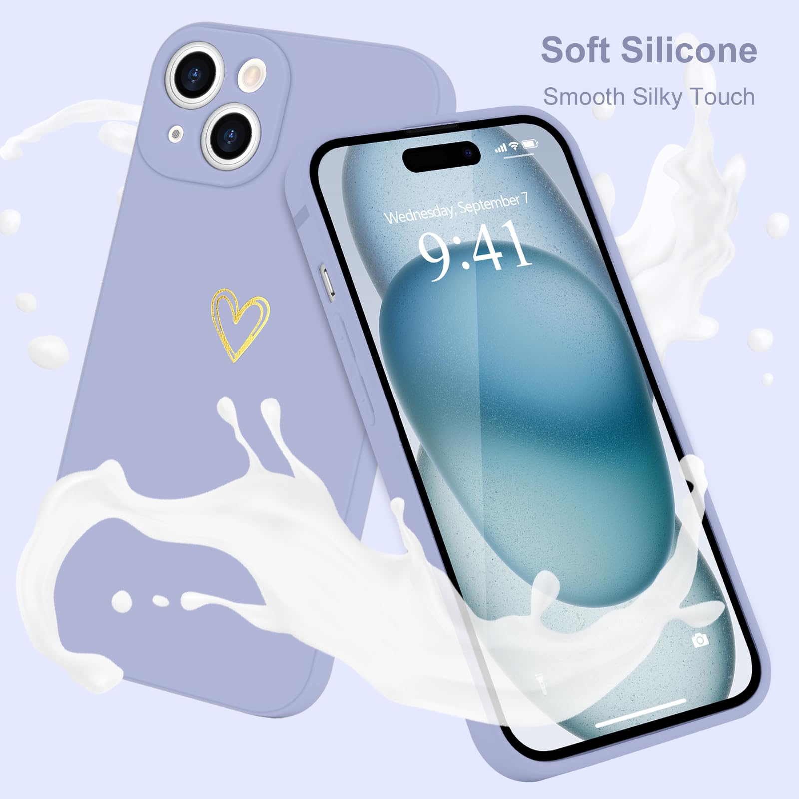 Wirvyuer For Iphone 14 Case Cute Heart Pattern Soft Shockproof Protective Silicone Phone Case For Women Girls, Lilac Purple