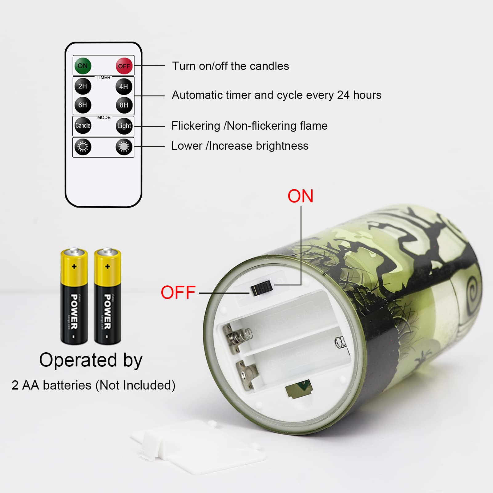 Eldnacele Halloween Flickering Candles With Spider Web, Ghost, Castle Decals, Green Glass Battery Operated Flameless Led Candles