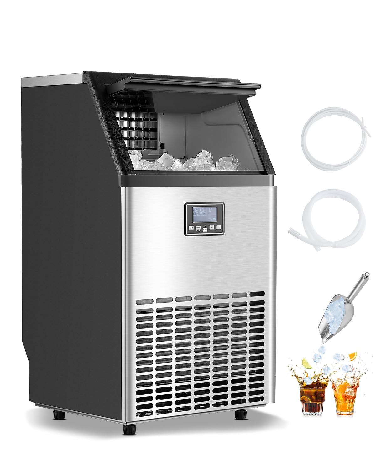 VEVOR 150lbs/24H Commercial Ice Maker Machine with 2 Water Inlets, 45 Ice Cubes in 15 Minutes, with 33lbs Large Storage Capacity