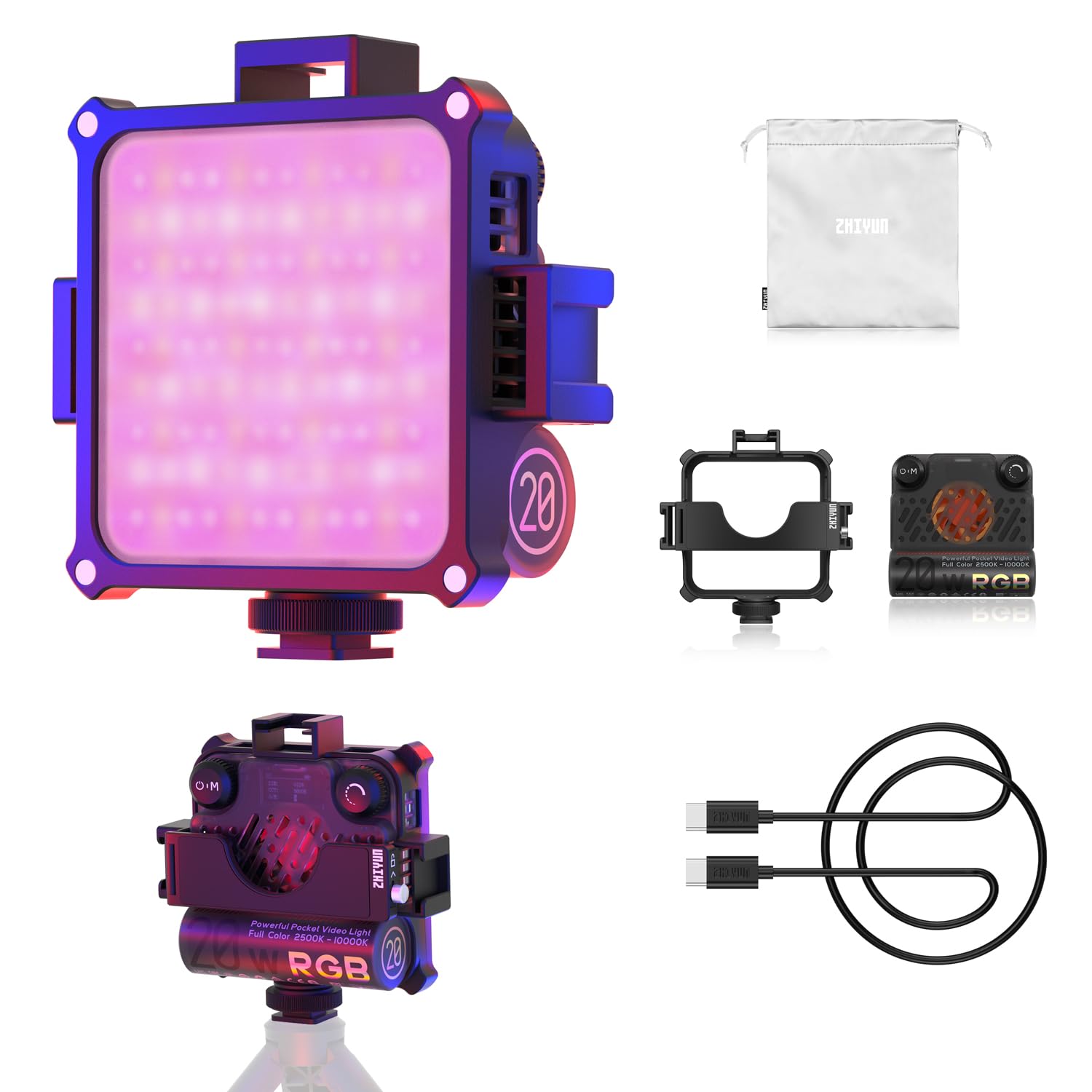 Zhiyun Fiveray M20C 20W Rgb Video Light W/Bluetooth Mesh Network, Peak Illuminance 1950Lux, 2500K 10000K, Dynavort Cooling Syste