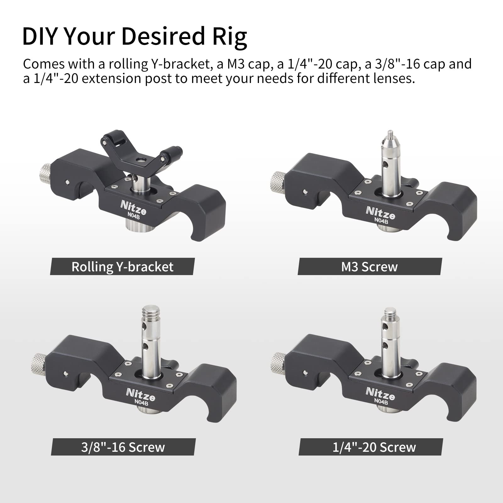 Nitze 15Mm Universal Lens Support With Rolling Y-Bracket And 1/4   , 3/8   And M3 Height Extension Posts - N04B