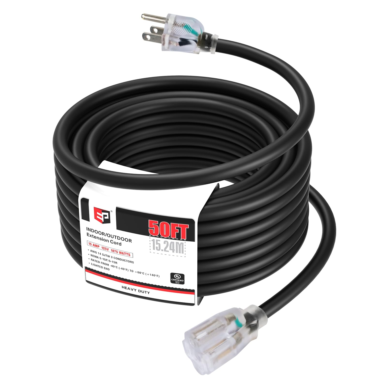 Ep 50Ft 14/3 Lighted Outdoor Extension Cord   14 Gauge 3 Prong Sjtw Heavy Duty Black Extension Cable With 3 Prong Grounded Plug